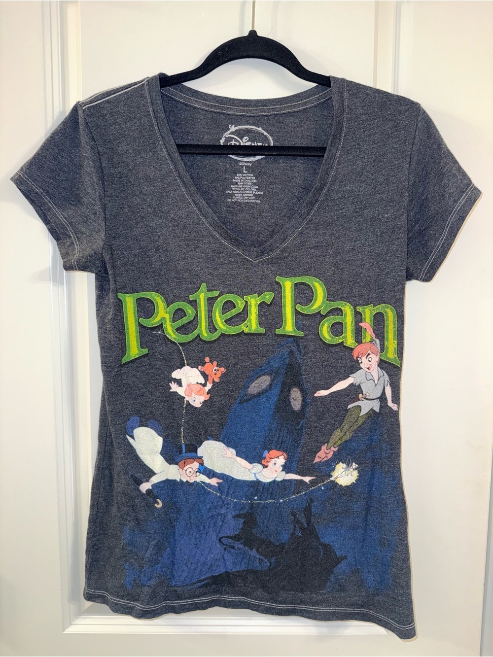 Disney Peter Pan V-Neck Tee - Charcoal with Lime-Green Logo (L)